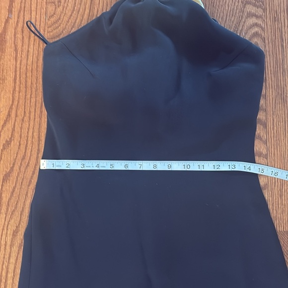 Evening formal long halter dress black open back crape lined mock satin ruffle 4 - Picture 12 of 15